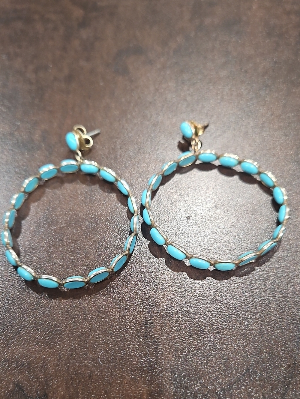 Gold Hoop Earrings with Turquoise Accent Stones - Women's Jewelry